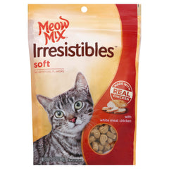 Meow Mix friandises chat emballage pratique, snack savoureux au poulet.