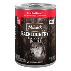 Merrick Backcountry Conserve Boeuf Entier : repas humide riche en protéines pour chien adulte.