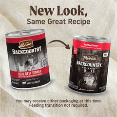 Merrick Backcountry Conserve Etiquetage Sans Céréales : emballage clair indiquant une recette sans céréales.