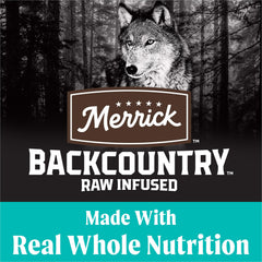 Merrick Backcountry Portion protéine élevée adaptée aux chiens actifs.