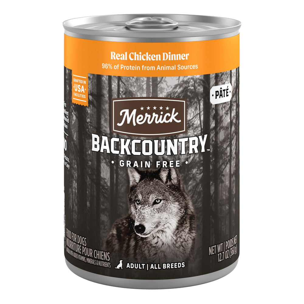 Merrick Backcountry poulet en conserve, plat humide riche en protéines pour chiens adultes.