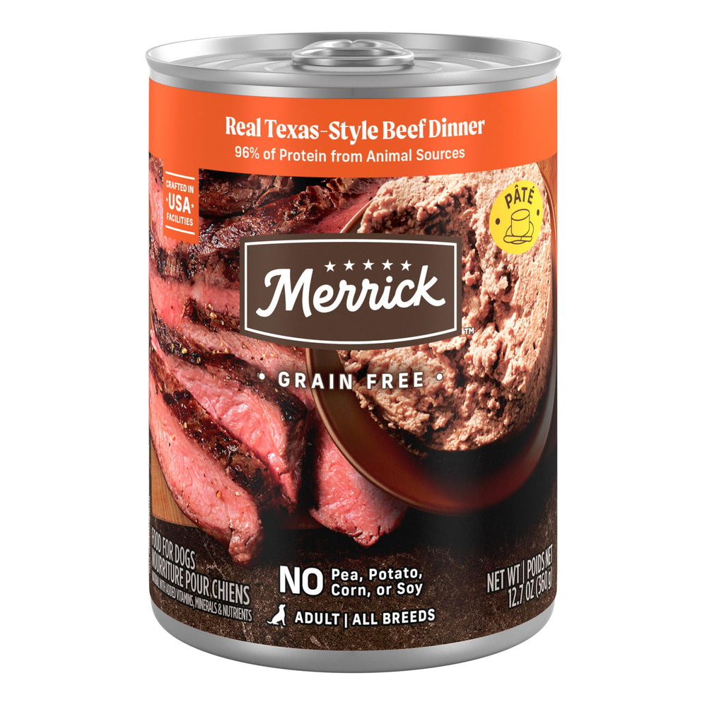 Merrick conserve pate boeuf Texas: texture tendre et repas complet.