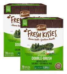 Merrick Fresh Kisses Double-Brush emballage duo, idéal pour chiens miniatures et brossage facilité.