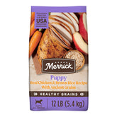 Merrick Puppy grains: poulet premier ingredient soutient digestion et croissance.