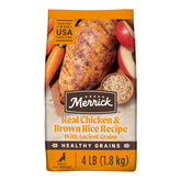 Merrick Healthy Grains, sac 4 lb, image du paquet pour repas quotidien équilibré.