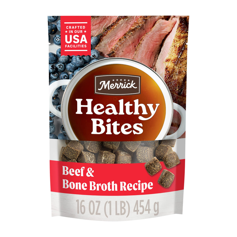Merrick Healthy Bites boeuf et bouillon d'os – bouchées tendres pour récompense.