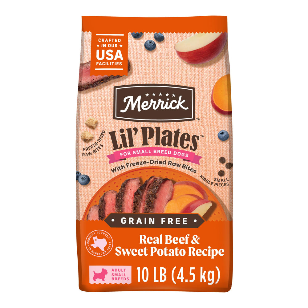 Merrick Lil’ Plates: boeuf Texas et patates douces avec morceaux crus pour petits chiens.