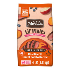 Merrick Lil’ Plates, croquettes petites au bœuf pour petits chiens, soutien énergie.