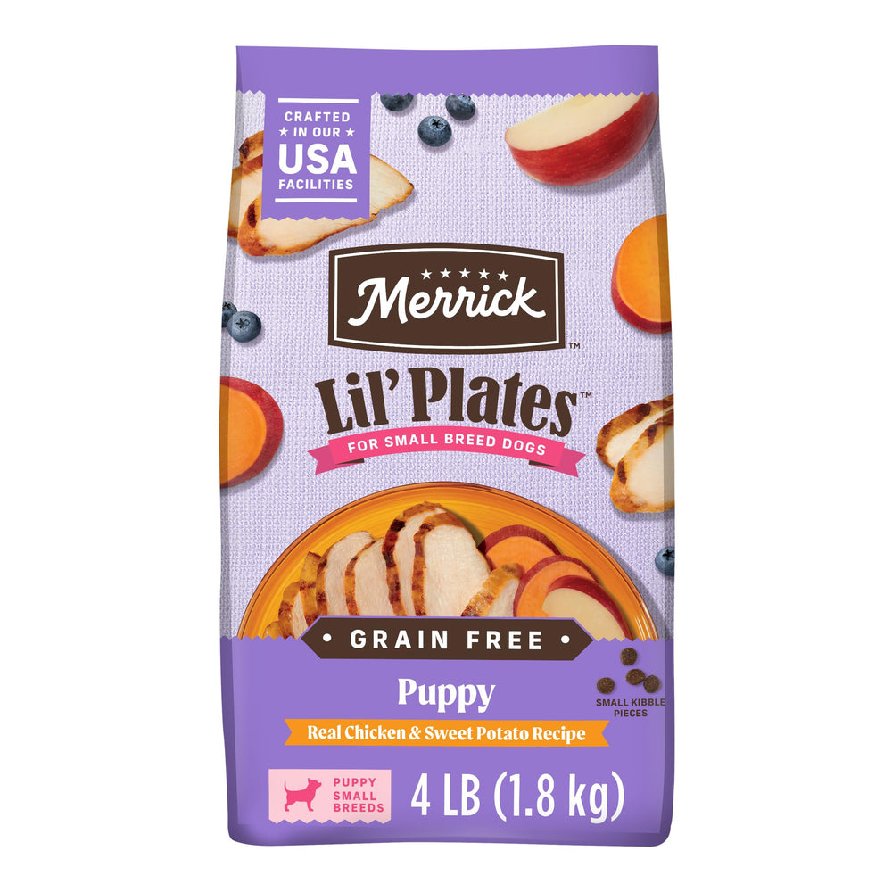 Merrick Lil’ Plates croquettes poulet réel et patate douce pour chiots, soutien muscles et énergie.