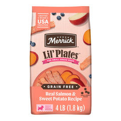Merrick Lil’ Plates croquettes saumon-patate-douce, goût délicieux pour petits chiens.
