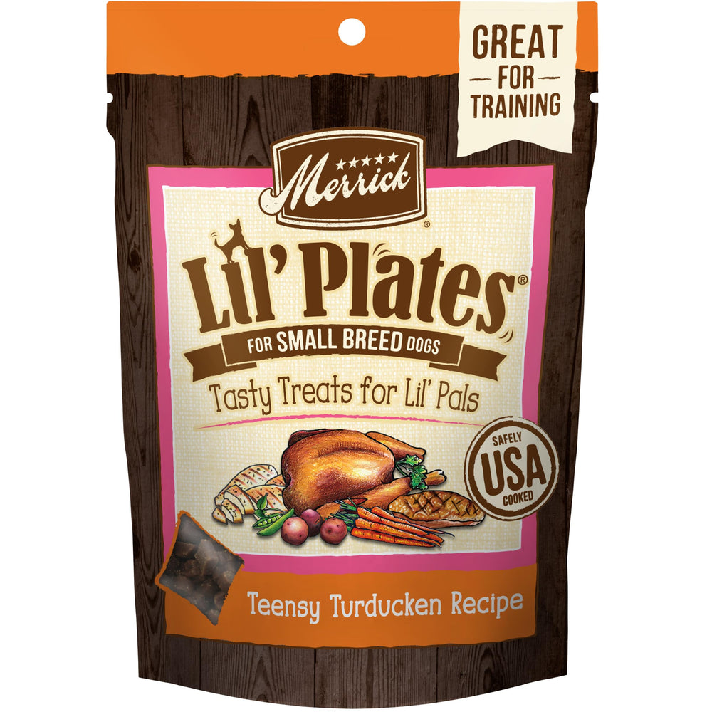 Merrick Lil’ Plates Teensy Turducken, sachet ouvert avec petites bouchées idéales pour l'entraînement.