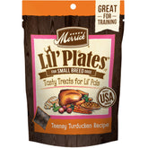 Merrick Lil’ Plates Teensy Turducken, sachet ouvert avec petites bouchées idéales pour l'entraînement.