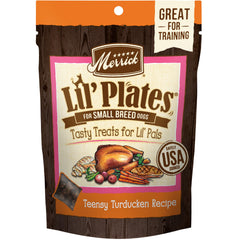 Merrick Lil’ Plates Teensy Turducken, sachet ouvert avec petites bouchées idéales pour l'entraînement.