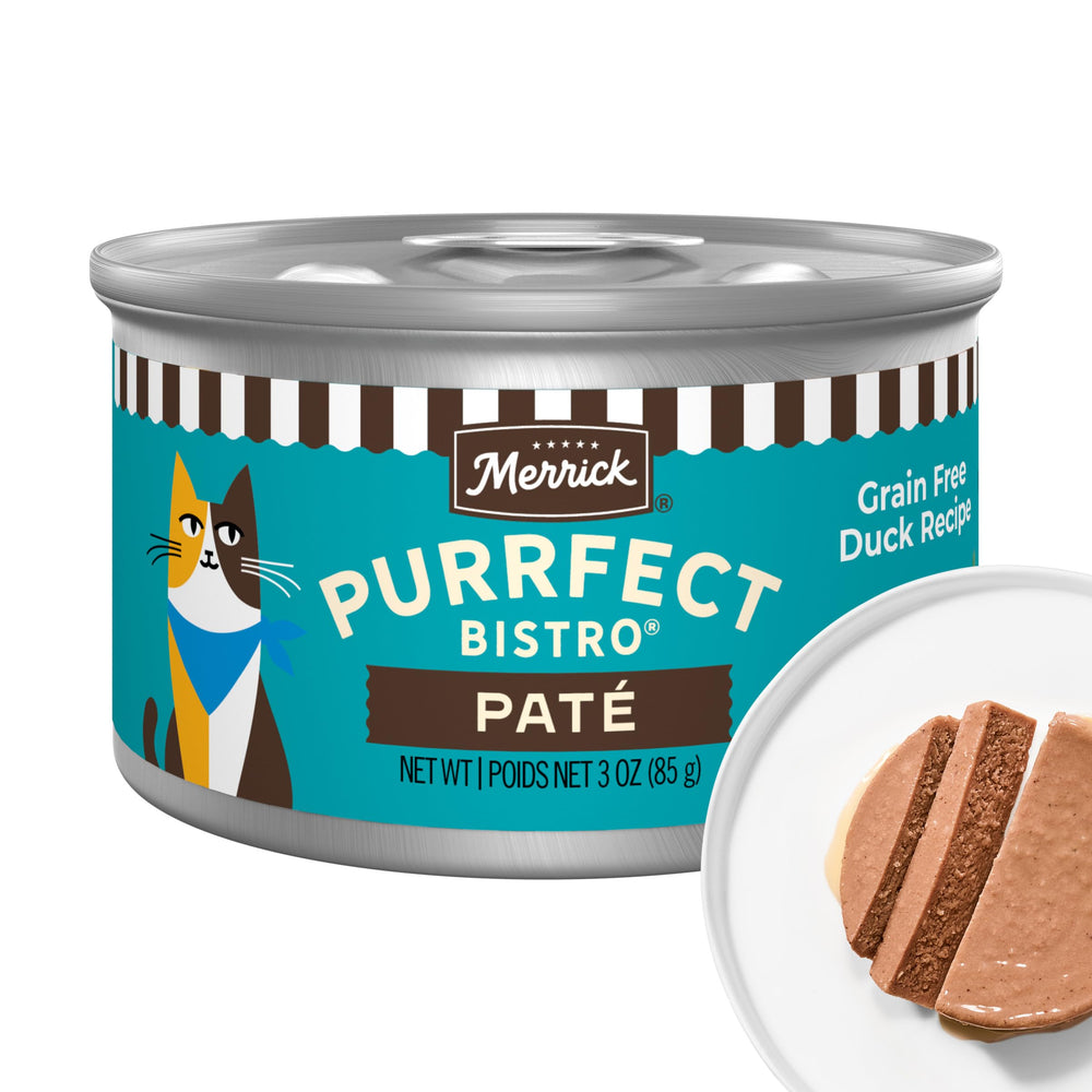 Merrick Purrfect Bistro pâté canard, texture onctueuse présentée en boîte 3oz.