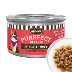 Merrick Purrfect Bistro saumon-patate-douce en conserve, riche en protéines pour des muscles forts.
