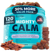 Mighty Paw bouchées apaisantes - bouteille et étiquette, usage pratique lors de situations stressantes.