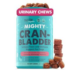 Friandises Mighty Paw Cran-Bladder dans une bouteille, soutien urinaire pour chiens.