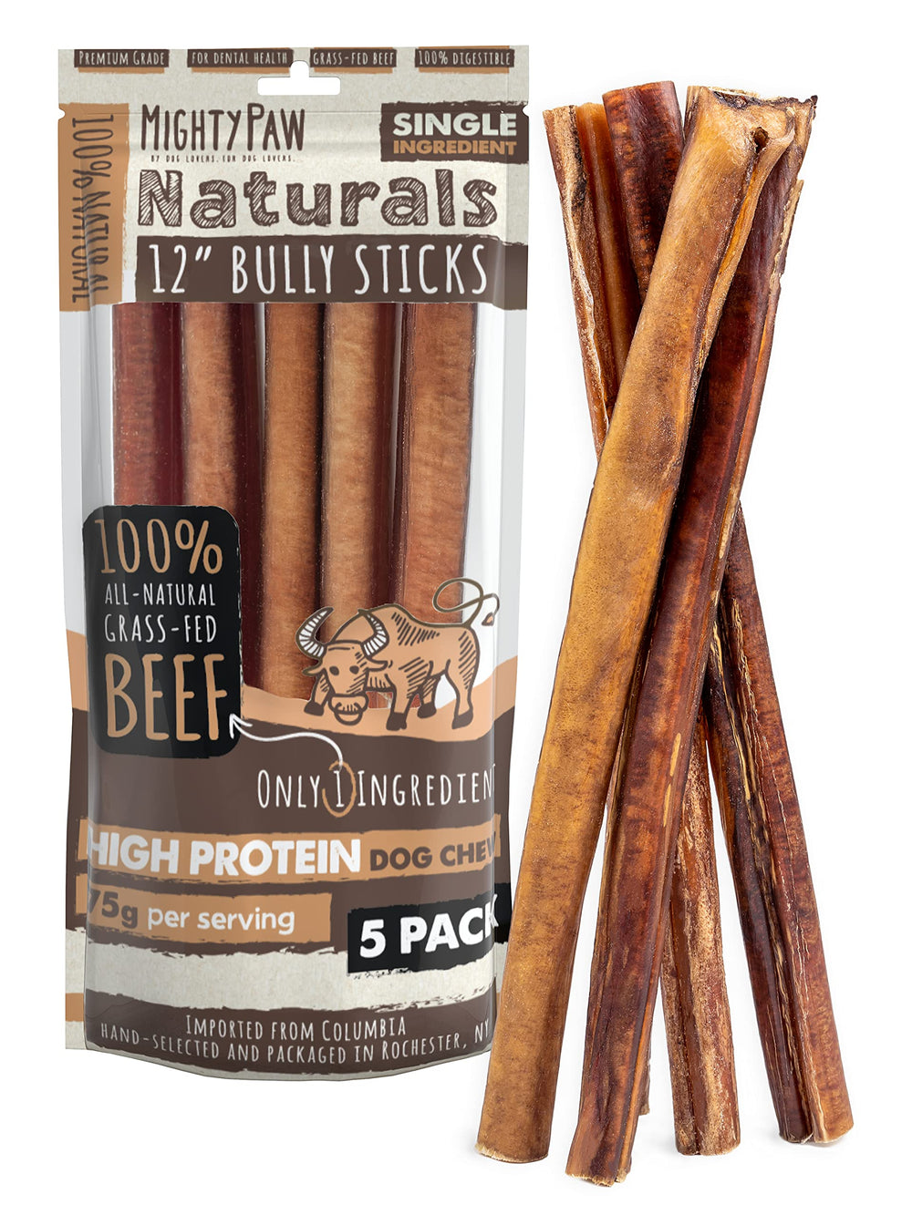 Mighty Paw Bully Sticks 12 pouces en paquet de 5, divertissement durable.