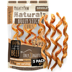 Emballage Mighty Paw Naturals Curly Bully Sticks, pratique et prêt à offrir.