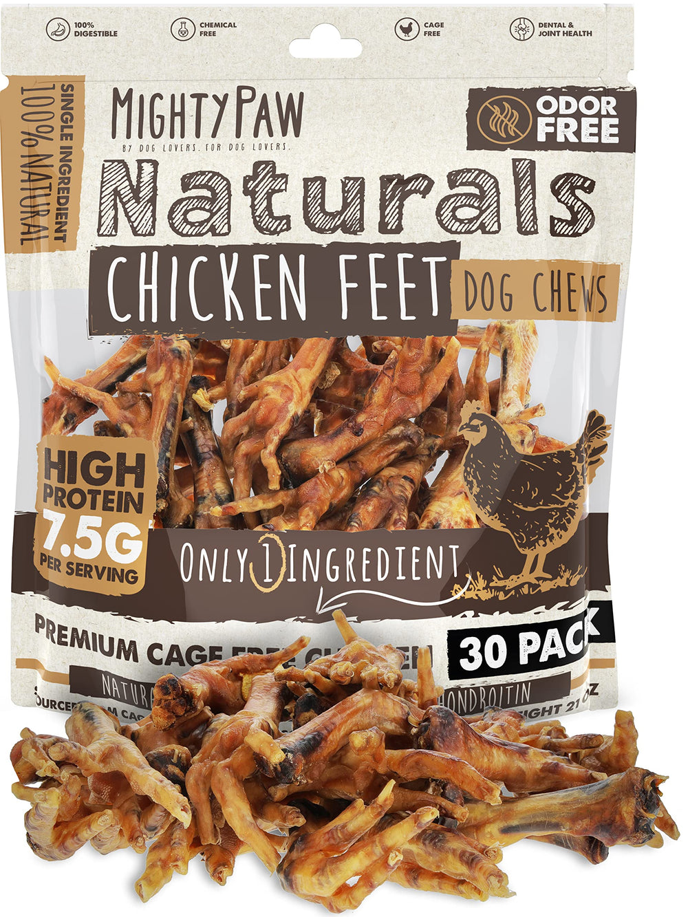 Friandise Mighty Paw Naturals pattes de poulet: emballage facile à ranger et naturelle.