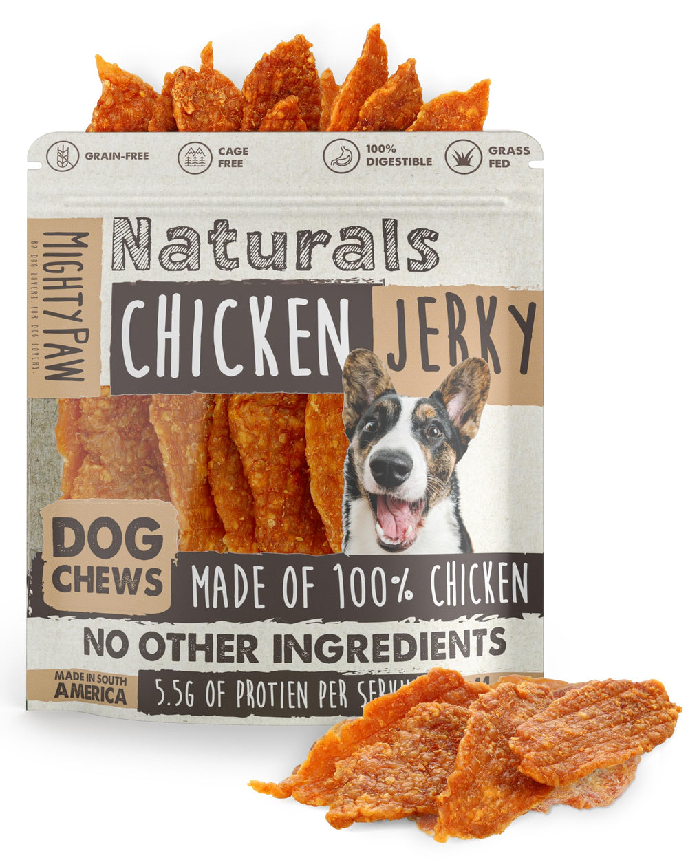Mighty Paw Naturals poulet jerky pour petits chiens, récompense savoureuse et riche en protéines.