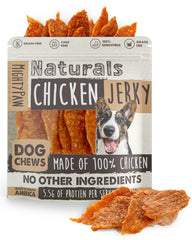 Mighty Paw Naturals poulet jerky pour petits chiens, récompense savoureuse et riche en protéines.