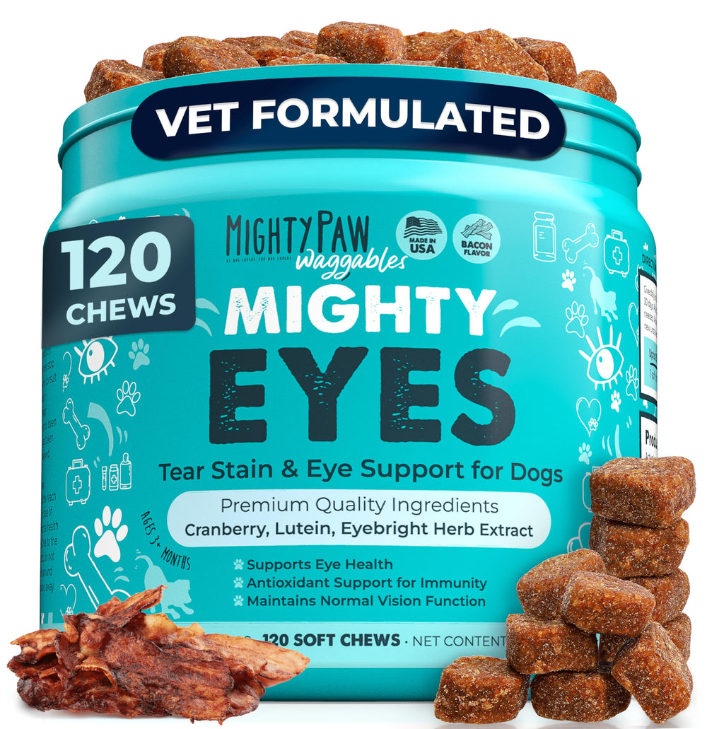 Mighty Paw Waggables Eyes sur boite-etiquette, pratique et rangement facile.