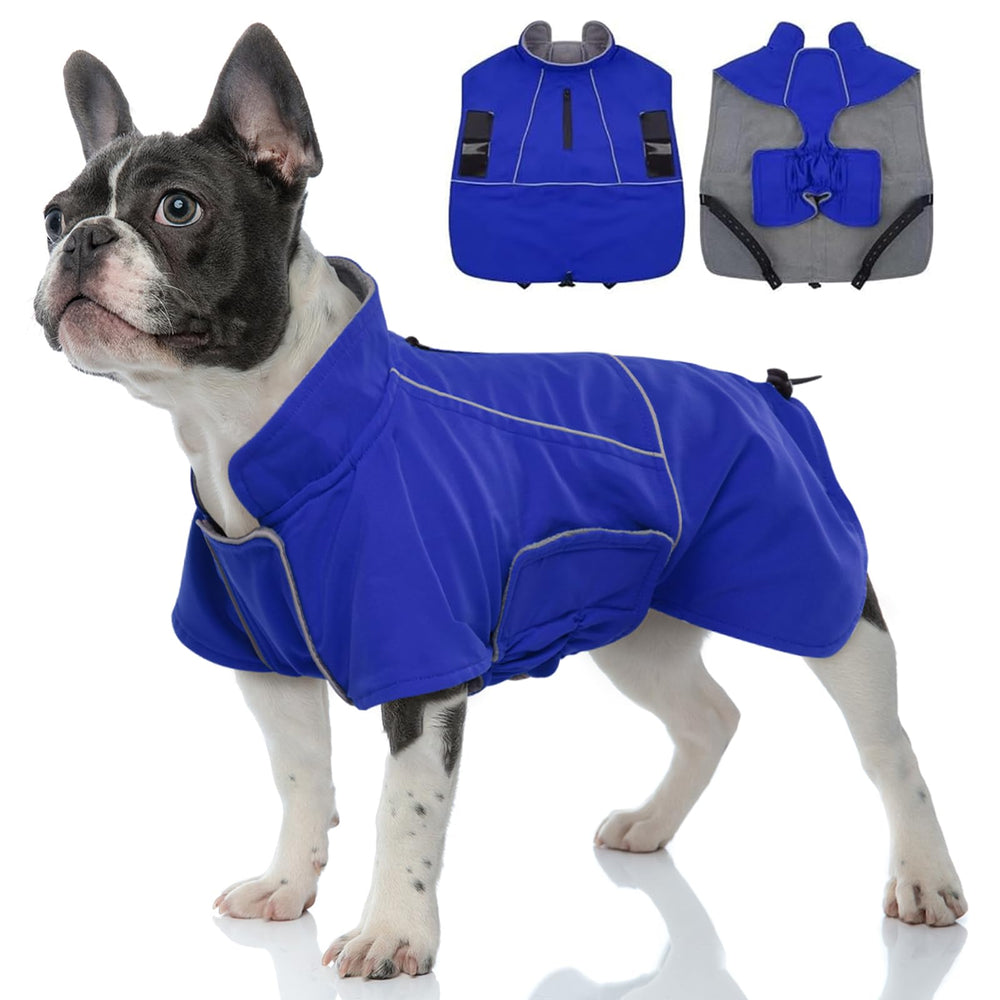 MIGOHI manteau hiver chien bleu taille L, vue avant, chaleur et protection lors des sorties.