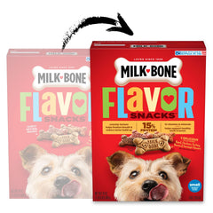 Vue rapprochée des saveurs boeuf et poulet Milk-Bone pour chiens gourmands.