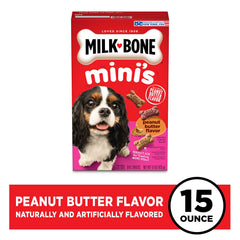 Friandises croquantes Milk-Bone Mini au beurre de cacahuète, texture plaisante pour petit chien.