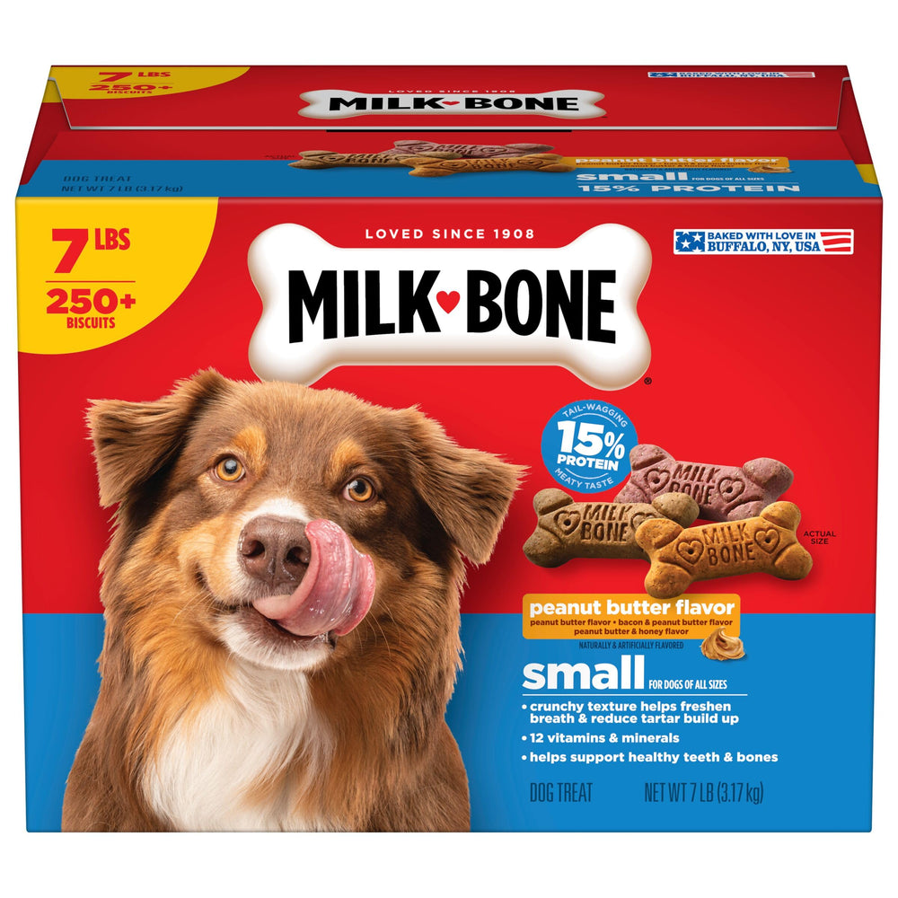 Biscuit Milk-Bone petit chien au beurre de cacahuète, croquant et rafraîchit l'haleine.