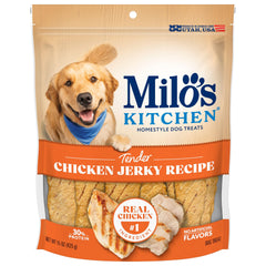 Friandises Milo’s Kitchen au poulet, sac ouvert, récompense tendre pour chien.