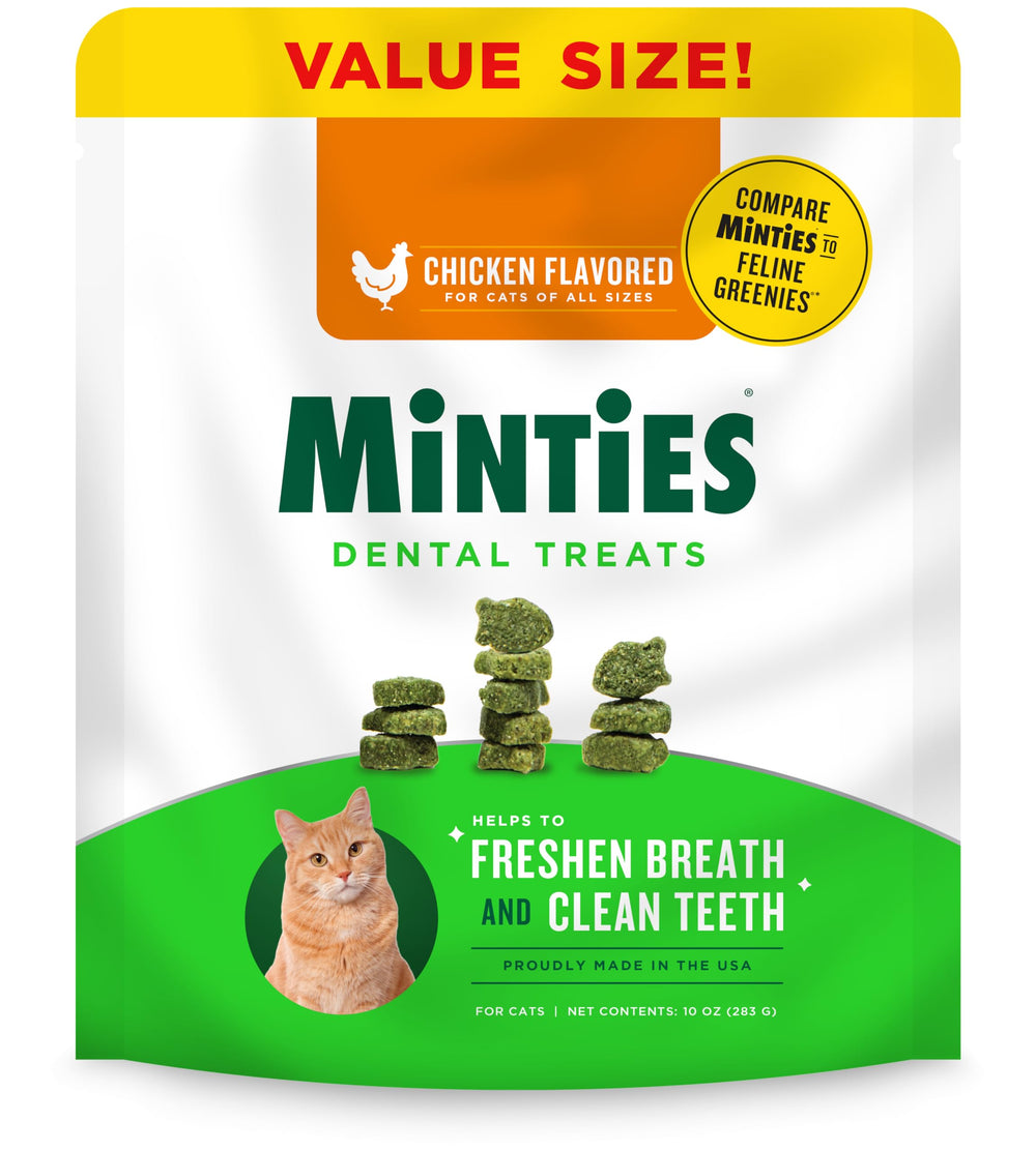 Emballage Minties poulet pour chats, pratique et repérable.