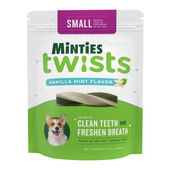 Minties Twists sac d’os dentaire pour petits chiens, pratique et savoureux.
