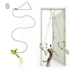 Jouet Mitubati pour chat, accrochage porte avec oiseau-jaune, stimulation et exercice.