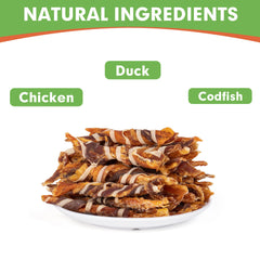 Bâtonnets twist saveur canard, texture attrayante pour chiens de petite taille.