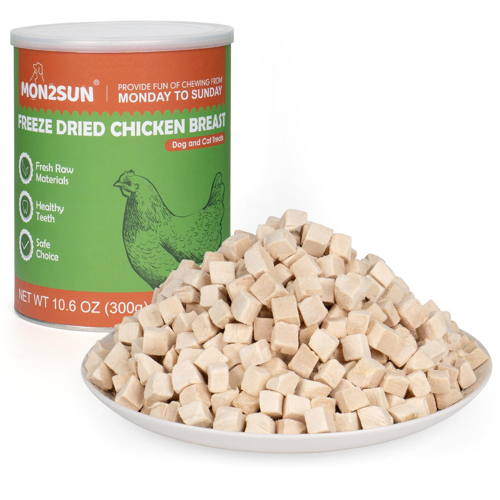 MON2SUN poulet lyophilisé en petits cubes, récompense d'entraînement propre et pratique.