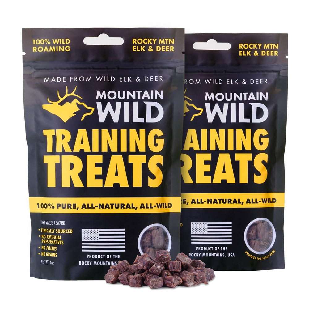 Friandises Mountain Wild à base de wapiti et venaison, parfaites pour l'entraînement.