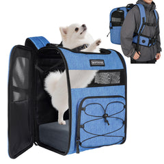 Moysoon sac porte-chien bleu, vue avant, idéal pour randonnées avec chien.