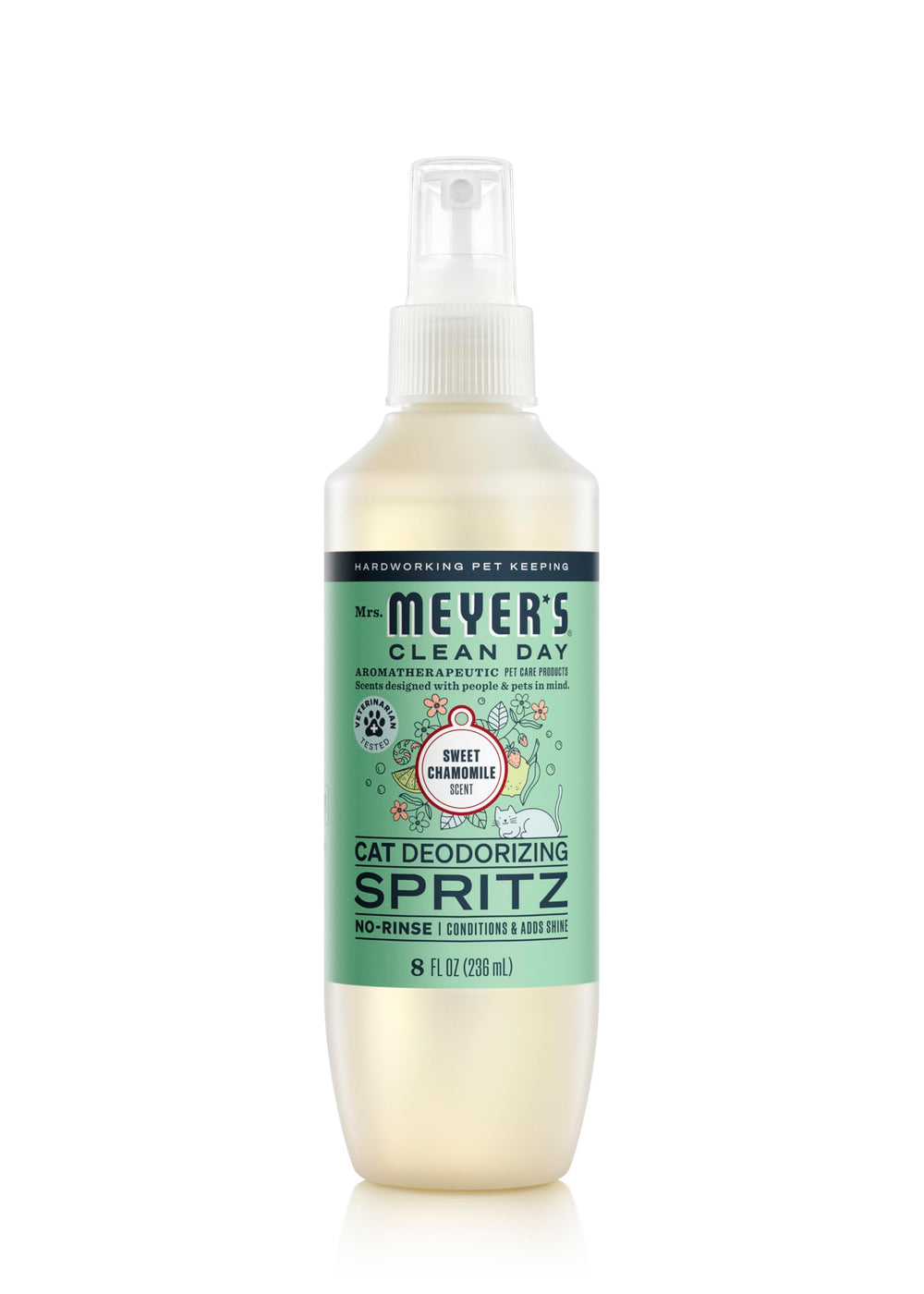 MRS. MEYER'S chat déodorisant spray camomille — bouteille prête à l'emploi et parfum apaisant.