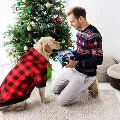 Closeup of Mtliepte plaid fabric on dog hoodie showing texture