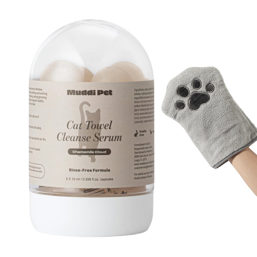 Muddi Pet Shampoing Sec pour Chats, flacon et gant, nettoyage sans rinçage idéal pour peaux sensibles.