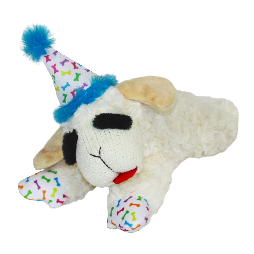 Lamb Chop Multipet avec chapeau anniversaire, parfait pour jeux et câlins.