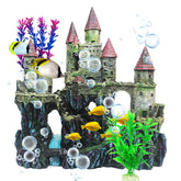 MUYG Château d'aquarium en résine rouge avec plantes colorées, décor vivant.