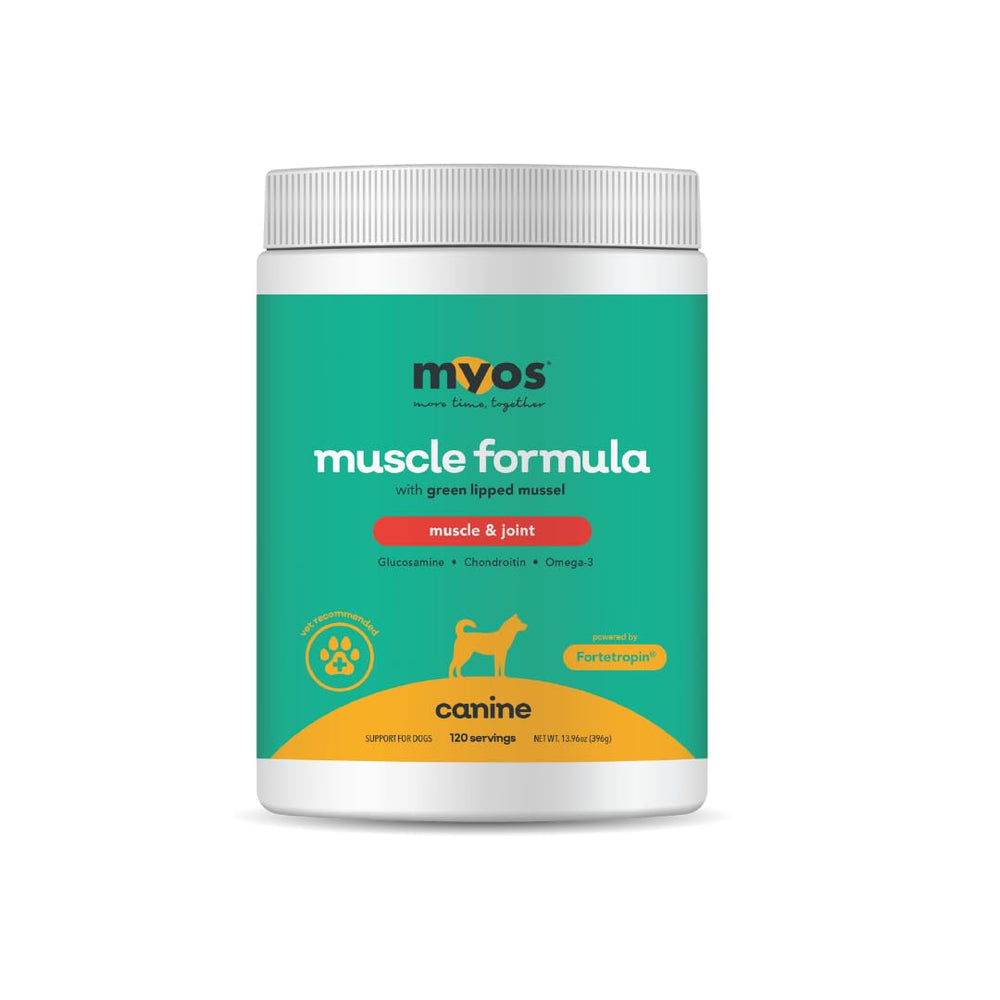 MYOS Canine Muscle Formula – bouteille et étiquette, format pratique pour administration à domicile.