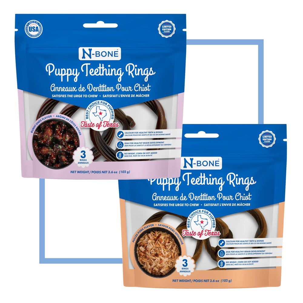 N-Bone Puppy Teething Rings Texas BBQ Burnt Ends : soulagement des gencives grâce à une texture souple.