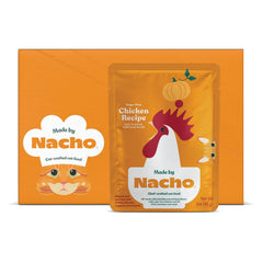 Nacho : Morceaux de poulet libres de cage dans sauce riche, idéal pour l'appétit des chats.