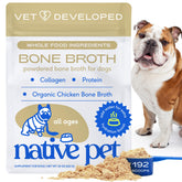 Native Pet bouillon os poulet en poudre pour chiens et chats, hydratation et nutrition savoureuses.