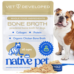 Native Pet bouillon os poulet en poudre pour chiens et chats, hydratation et nutrition savoureuses.