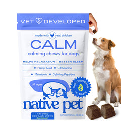 Native Pet Calming Chews — bouteille ouverte, usage pratique pour calmer votre chien.